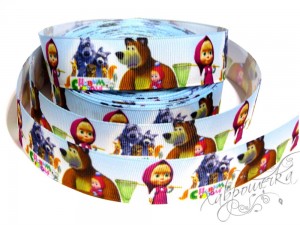 Репсова стрічка 2,5 см, "Маша та ведмідь", БЛАКИТНА